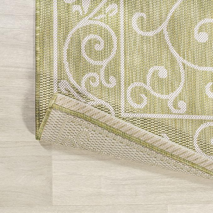 JONATHAN Y Vintage Filigree Indoor Outdoor Runner Rug 2X10 Green/Cream, Charleston Textured Weave for Backyard, Patio, Porch, Easy-Cleaning, High Traffic, Pet-Friendly, Non-Shedding (SMB106H-210)