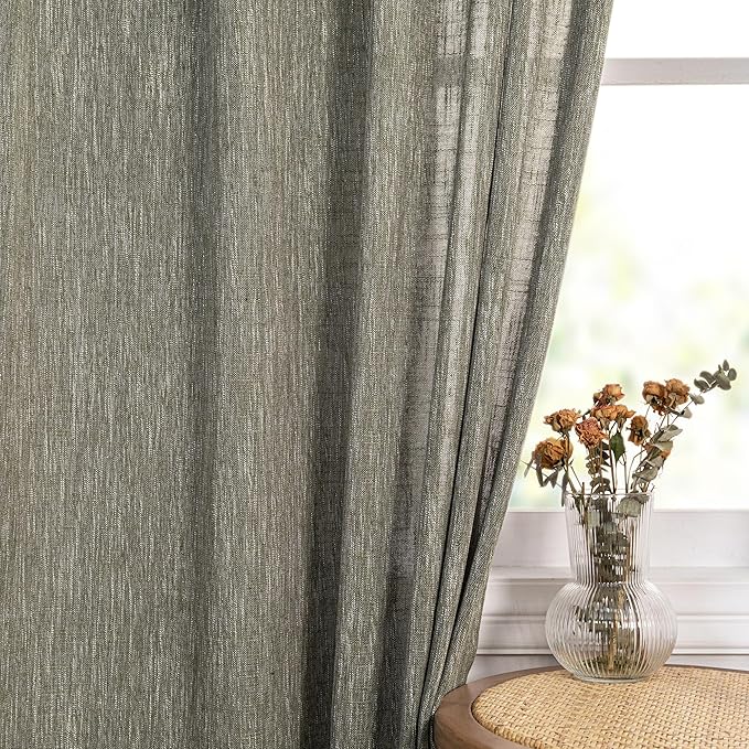 MYSKY HOME Living Room Curtains 84 Inches Long Semi Sheer Light Filtering Privacy Drapes Linen Look Textured Boho Home Decor, Backdrop Curtain for Parties, 50" x 84", Olive Green, 2 Panels