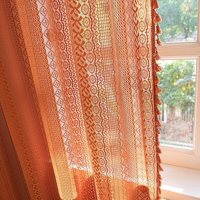 Sutuo Home Burnt Orange Boho Curtains 90 inches Long for Bedroom Living Room, Terracotta Crochet Lace Sheer Bohemian Knitted with Fringes,Window Treatment Drapes, Rod Pocket 1 Panel 59" W x 90" L
