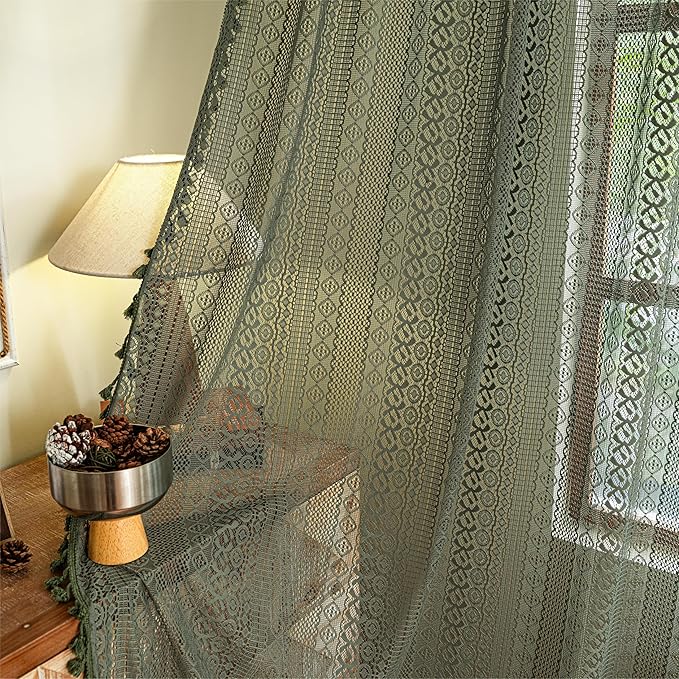 Sutuo Home Boho Curtains 120 inches Long, Crochet Lace Sheer Bohemian Hollow Knitted Cute Tassels, Vintage Farmhouse for Bedroom Living Room Nursery Dining Room, 1 Panel 59" W x 120" L,Olive Green