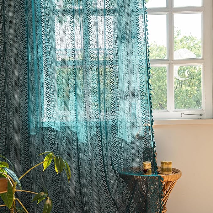 Sutuo Home Boho Curtains 84 inches Long for Bedroom Living Room, Crochet Lace Sheer Bohemian Hollow Knitted with Tassels,Window Treatment Drapes, Rod Pocket 1 Panel 59" W x 84" L, Turquoise