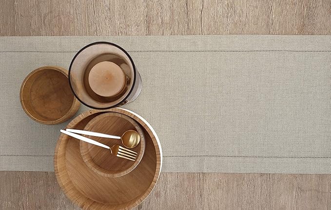 Solino Home Linen Natural Table Runner 60 Inches - Classic Hemstitch, 100% Pure Linen Coffee Table Runner 14 x 60 Inch Ideal for Dresser Tables - Fall, Autumn, Halloween, Thanksgiving