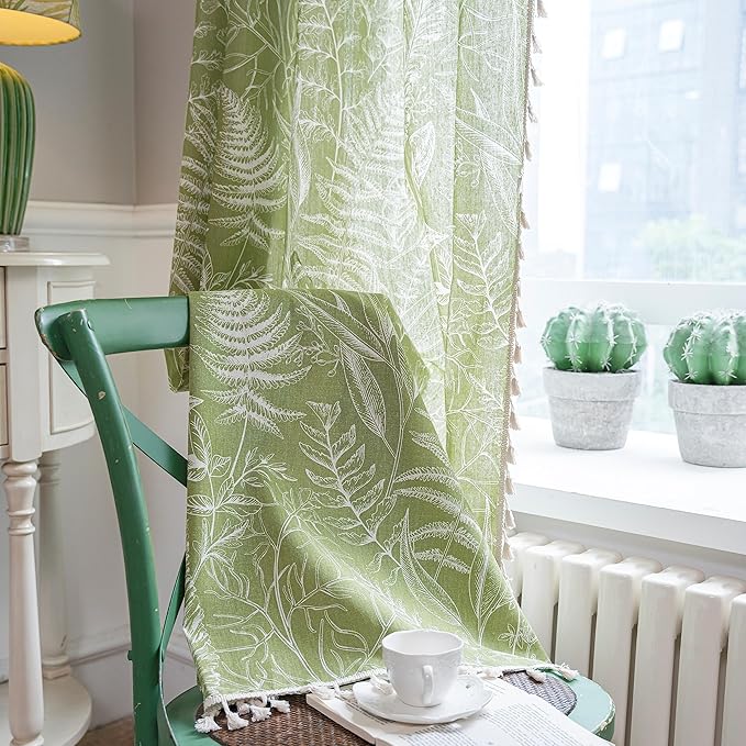 Sutuo Home Boho Curtain 84 Inches Length for Bedroom, Printed Cotton Linen Rod Pocket Rustic Farmhouse Bohemian Tassels Window Treatment, 1 Panel 59" W x 84" L, Green Tropical Leaves