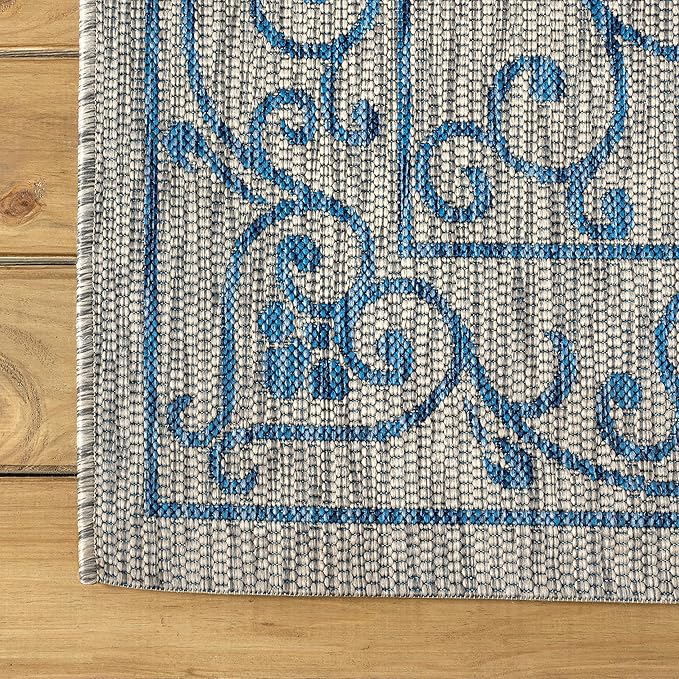 JONATHAN Y Vintage Filigree Indoor Outdoor Square Area Rug 6X6 Gray/Navy, Charleston Textured Weave for Backyard, Patio, Porch, Easy-Cleaning, High Traffic, Pet-Friendly, Non-Shedding (SMB106C-6SQ)