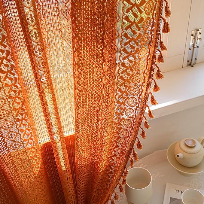 Sutuo Home Boho Curtains for Bedroom Kitchen Crochet Lace Sheer Bohemian Hollow Knitted with Tassels, Window Treatment Privacy Vintage Rustic Farmhouse Drapes, Rod Pocket 1 Panel 59" W x 63" L, Orange