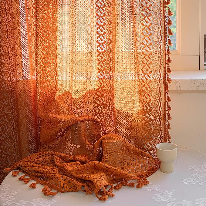 Sutuo Home Boho Curtains for Bedroom Kitchen Crochet Lace Sheer Bohemian Hollow Knitted with Tassels, Window Treatment Privacy Vintage Rustic Farmhouse Drapes, Rod Pocket 1 Panel 59" W x 63" L, Orange