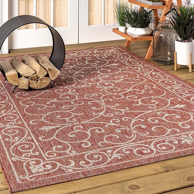 JONATHAN Y Vintage Filigree Indoor Outdoor Area Rug 5X8 Red/Beige, Charleston Textured Weave for Backyard, Patio, Porch, Easy-Cleaning, High Traffic, Pet-Friendly, Non-Shedding (SMB106B-5)