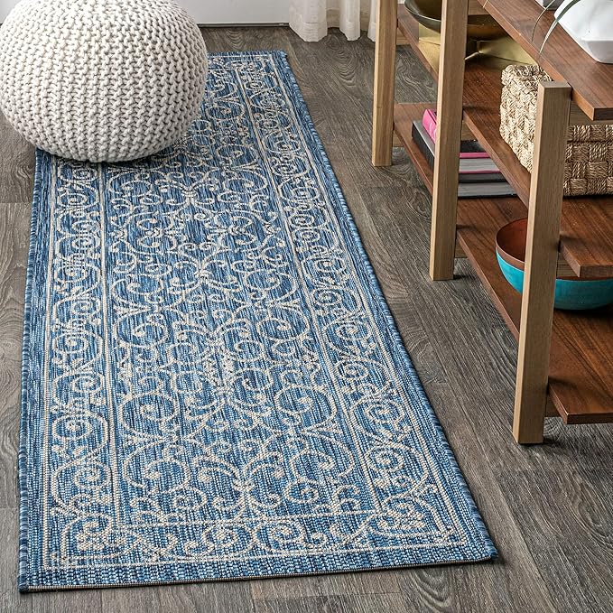 JONATHAN Y Vintage Filigree Indoor Outdoor Runner Rug 2X8 Navy/Gray, Charleston Textured Weave for Backyard, Patio, Porch, Easy-Cleaning, High Traffic, Pet-Friendly, Non-Shedding (SMB106D-28)
