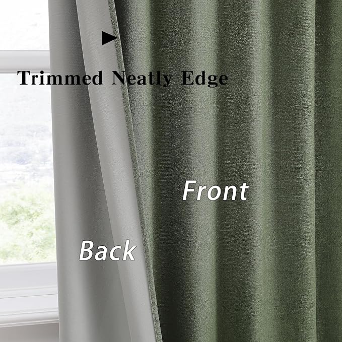 RAIN CITY Dark Olive Green Blackout Curtains Linen 63 Inches Long 2 Panels Set, Back Tab Pleated Look Thermal Insulated Curtains & Drapes for Living Room - Loden/Olive Forest W50 x L63
