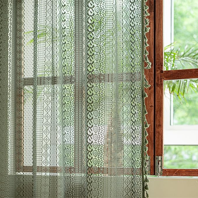 Sutuo Home Olive Green Boho Curtains 90 inches, Crochet Lace Sheer Bohemian Hollow Knitted Handmade Tassels, Privacy Vintage Farmhouse for Bedroom Living Room Easter Decor, 1 Panel 59" W x 90" L