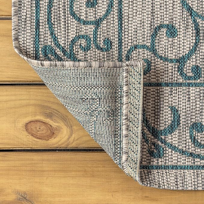 JONATHAN Y Vintage Filigree Indoor Outdoor Round Area Rug 8 Ft Gray/Teal, Charleston Textured Weave for Backyard, Patio, Porch, Easy-Cleaning, High Traffic, Pet-Friendly, Non-Shedding (SMB106E-8R)