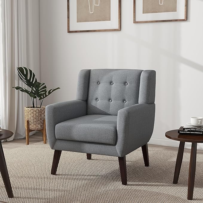 UIXE Accent Chair, Modern Upholstered Armchair in Fabric for Living Room, Comfy Club Arm Chairs Single Sofa Button Tufted Bedroom Reading Seat - Gray, Set of 4