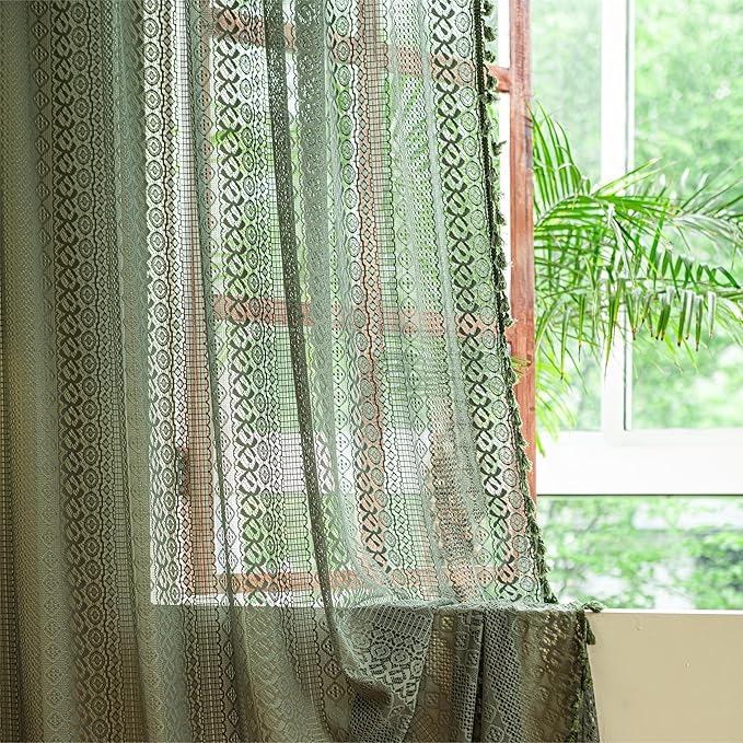 Sutuo Home Olive Green Boho Curtains 84 inches Long for Bedroom Living Room, Crochet Lace Sheer Bohemian Hollow Geometry Knitted Handmade Tassels, Privacy Vintage Farmhouse, 1 Panel 59" W x 84" L