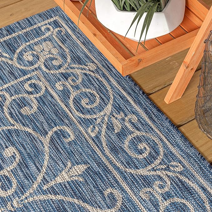JONATHAN Y Vintage Filigree Indoor Outdoor Square Area Rug 8X8 Navy/Gray, Charleston Textured Weave for Backyard, Patio, Porch, Easy-Cleaning, High Traffic, Pet-Friendly, Non-Shedding (SMB106D-8SQ)
