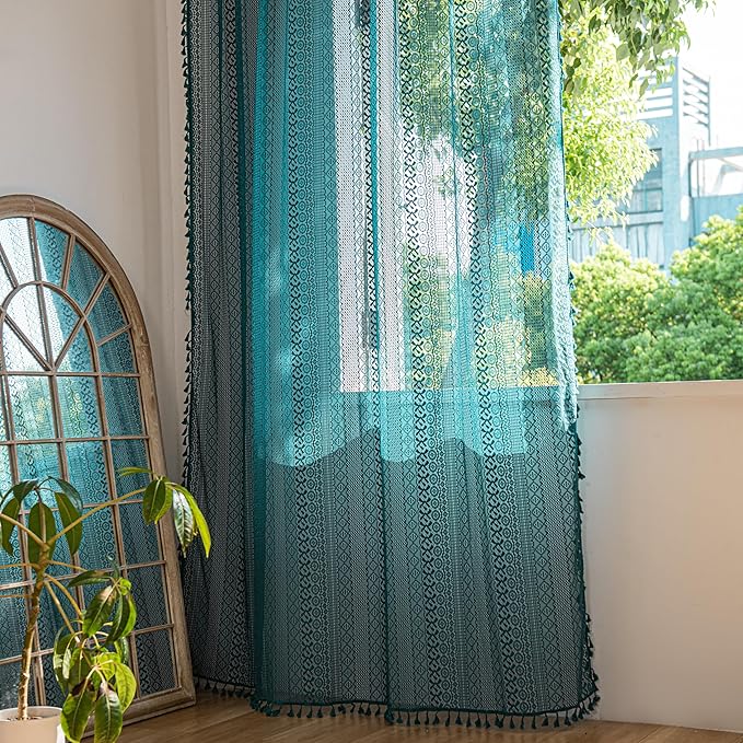 Sutuo Home Boho Curtains 96 inches Long for Bedroom Living Room Nursery Room, Crochet Lace Sheer Bohemian Hollow with Tassels,Window Treatment Drapes, Rod Pocket 1 Panel 59" W x 96" L, Turquoise