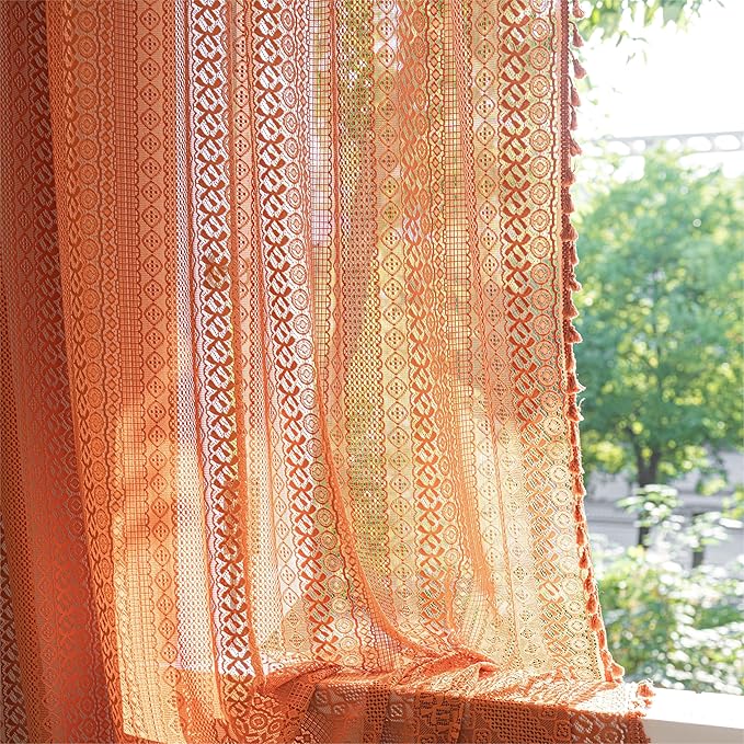 Sutuo Home Burnt Orange Boho Curtains 90 inches Long for Bedroom Living Room, Terracotta Crochet Lace Sheer Bohemian Knitted with Fringes,Window Treatment Drapes, Rod Pocket 1 Panel 59" W x 90" L