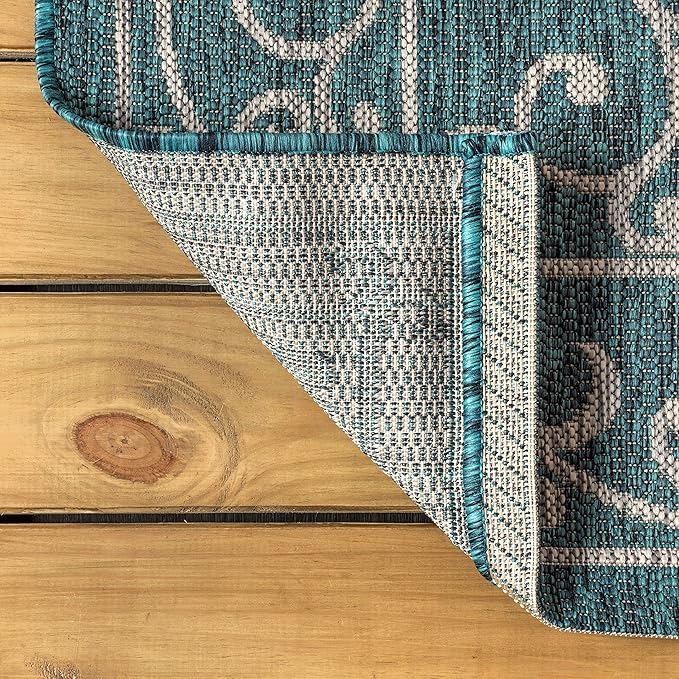 JONATHAN Y Vintage Filigree Indoor Outdoor Round Area Rug 9 Ft Teal/Gray, Charleston Textured Weave for Backyard, Patio, Porch, Easy-Cleaning, High Traffic, Pet-Friendly, Non-Shedding (SMB106F-9R)