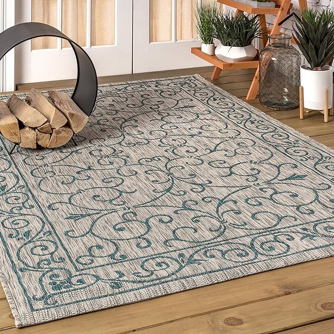 JONATHAN Y Vintage Filigree Indoor Outdoor Area Rug 8X10 Gray/Teal, Charleston Textured Weave for Backyard, Patio, Porch, Easy-Cleaning, High Traffic, Pet-Friendly, Non-Shedding (SMB106E-8)