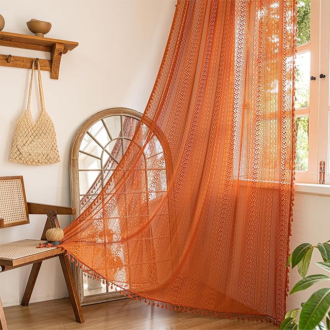 Sutuo Home Burnt Orange Boho Curtains 102 inches Long for Bedroom Dining Room, Crochet Lace Sheer Bohemian Tassels Hollow Knitted,Window Treatment Drapes Fall Decor, Rod Pocket 1 Panel 59" W x 102" L