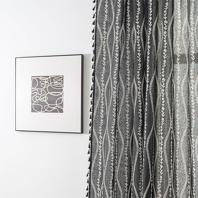 Sutuo Home Boho Curtains 84 Inches Long for Bedroom Living Room Nursery, Bohemian Vintage Tassels Window Treatment Drape for Halloween Decorations Rod Pocket, 1 Panel 59"W x 84"L,Black Stripe Floral