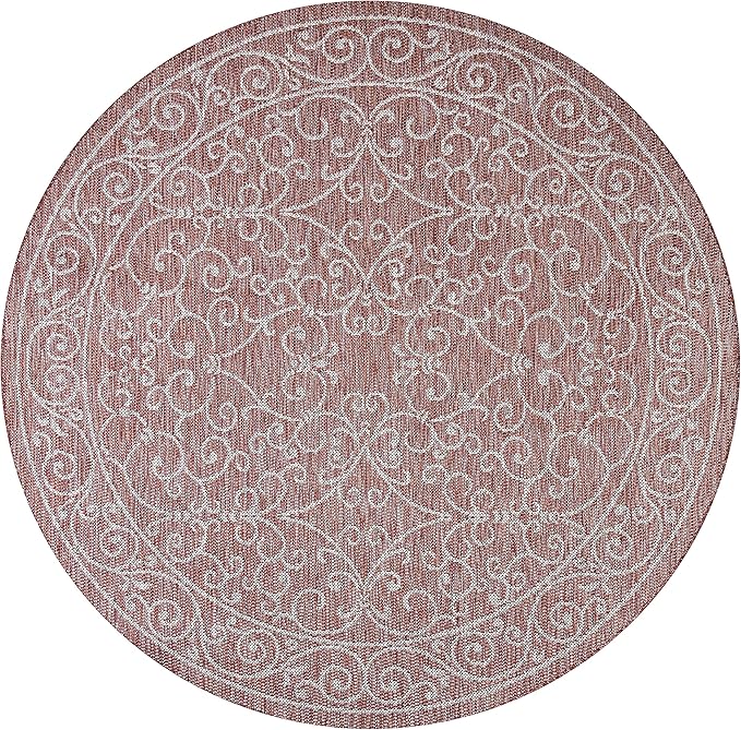 JONATHAN Y Vintage Filigree Indoor Outdoor Round Area Rug 4 Ft Red/Beige, Charleston Textured Weave for Backyard, Patio, Porch, Easy-Cleaning, High Traffic, Pet-Friendly, Non-Shedding (SMB106B-4R)