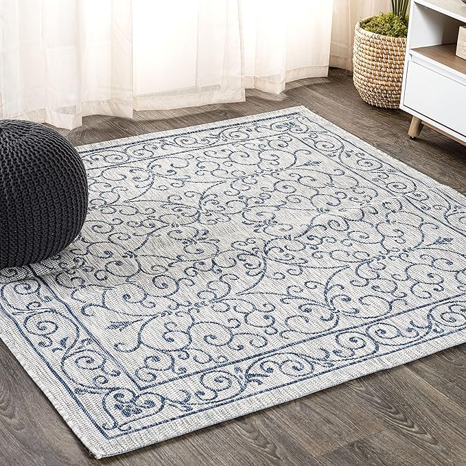 JONATHAN Y Vintage Filigree Indoor Outdoor Square Area Rug 9X9 Gray/Navy, Charleston Textured Weave for Backyard, Patio, Porch, Easy-Cleaning, High Traffic, Pet-Friendly, Non-Shedding (SMB106C-9SQ)