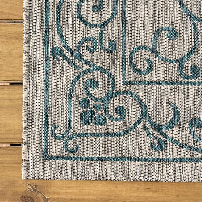 JONATHAN Y Vintage Filigree Indoor Outdoor Round Area Rug 5 Ft Gray/Teal, Charleston Textured Weave for Backyard, Patio, Porch, Easy-Cleaning, High Traffic, Pet-Friendly, Non-Shedding (SMB106E-5R)
