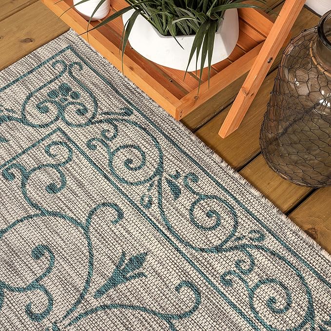 JONATHAN Y Vintage Filigree Indoor Outdoor Area Rug 6X9 Gray/Teal, Charleston Textured Weave for Backyard, Patio, Porch, Easy-Cleaning, High Traffic, Pet-Friendly, Non-Shedding (SMB106E-6)