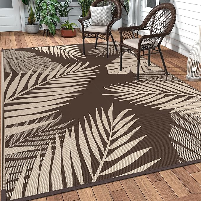 GENIMO Outdoor Rug 5' x 8' Waterproof for Patios Clearance, Reversible Outdoor Plastic Straw Camping Rug Carpet, Large Area Rugs Mats for RV, Camper, Deck, Balcony, Porch, Beach, Picnic, Coffee&Beige