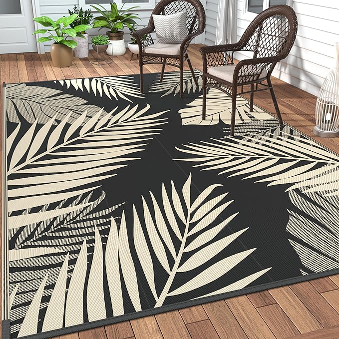 GENIMO Outdoor Rug 9' x 12' Waterproof for Patios Clearance, Reversible Outdoor Plastic Straw Camping Rug Carpet, Large Area Rugs Mats for RV, Camper, Deck, Balcony, Porch, Beach, Picnic, Black&Beige