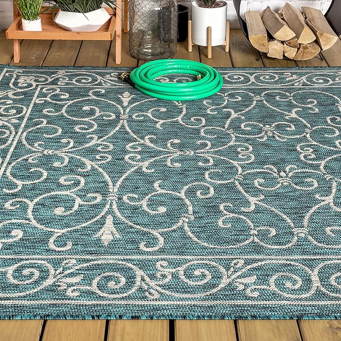 JONATHAN Y Vintage Filigree Indoor Outdoor Area Rug 8X10 Teal/Gray, Charleston Textured Weave for Backyard, Patio, Porch, Easy-Cleaning, High Traffic, Pet-Friendly, Non-Shedding (SMB106F-8)