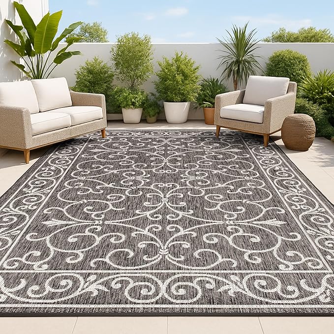 JONATHAN Y Vintage Filigree Indoor Outdoor Area Rug 8X10 Black/Gray, Charleston Textured Weave for Backyard, Patio, Porch, Easy-Cleaning, High Traffic, Pet-Friendly, Non-Shedding (SMB106G-8)