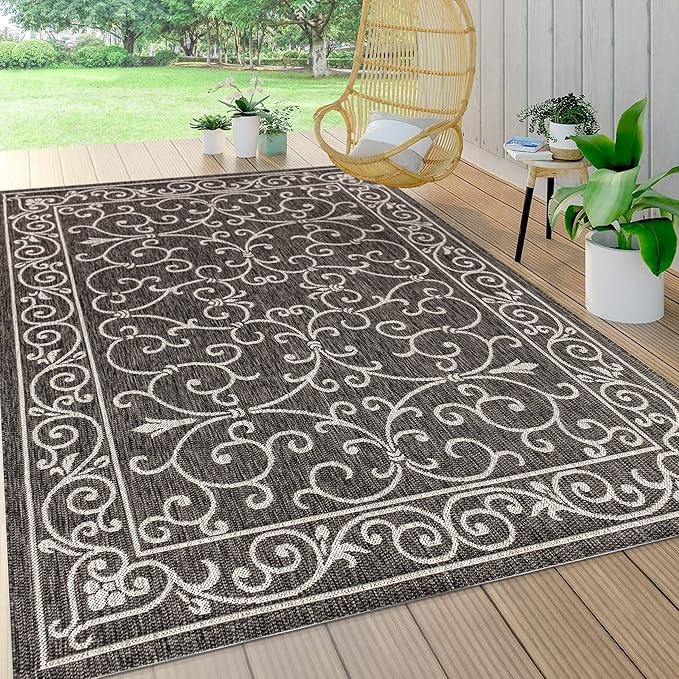 JONATHAN Y Vintage Filigree Indoor Outdoor Area Rug 10X14 Black/Gray, Charleston Textured Weave for Backyard, Patio, Porch, Easy-Cleaning, High Traffic, Pet-Friendly, Non-Shedding (SMB106G-14)