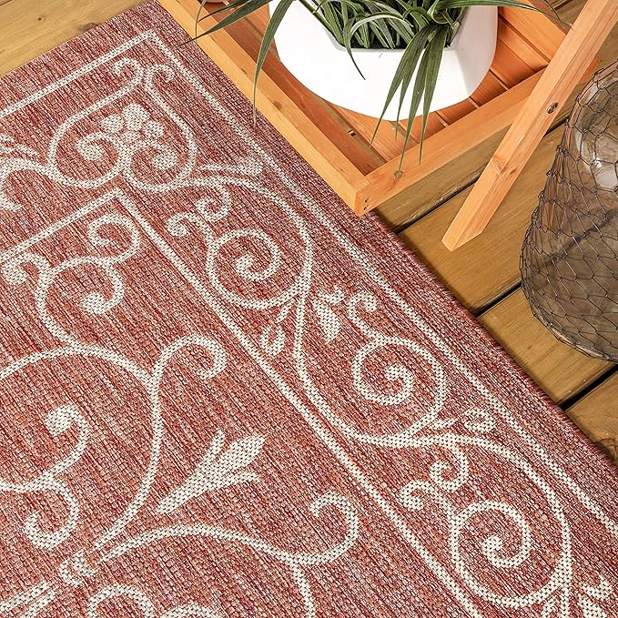 JONATHAN Y Vintage Filigree Indoor Outdoor Round Area Rug 4 Ft Red/Beige, Charleston Textured Weave for Backyard, Patio, Porch, Easy-Cleaning, High Traffic, Pet-Friendly, Non-Shedding (SMB106B-4R)